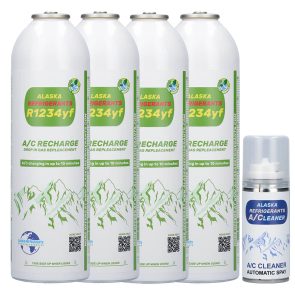 4 x Agent frigorific de înlocuire Alaska Refrigerants R1234yf pentru vehicule (Spray gratuit pentru curățarea sistemului A/C)
