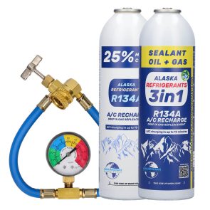 Kit combinat Alaska Refrigerants – 3în1 Agent frigorific de înlocuire R134a cu ulei PAG 100 și etanșant + agent frigorific R134a + furtun și manometru