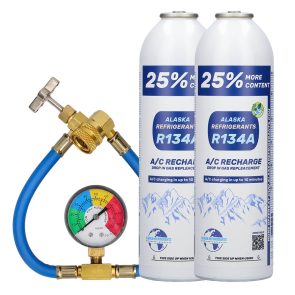 Kit dublu – Agent frigorific de înlocuire Alaska Refrigerants R134a pentru vehicule + furtun și manometru