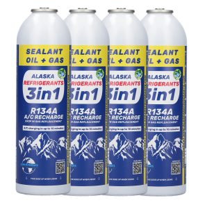 4 x 3în1 Agent frigorific de înlocuire Alaska Refrigerants R134a cu ulei PAG 100 și etanșant