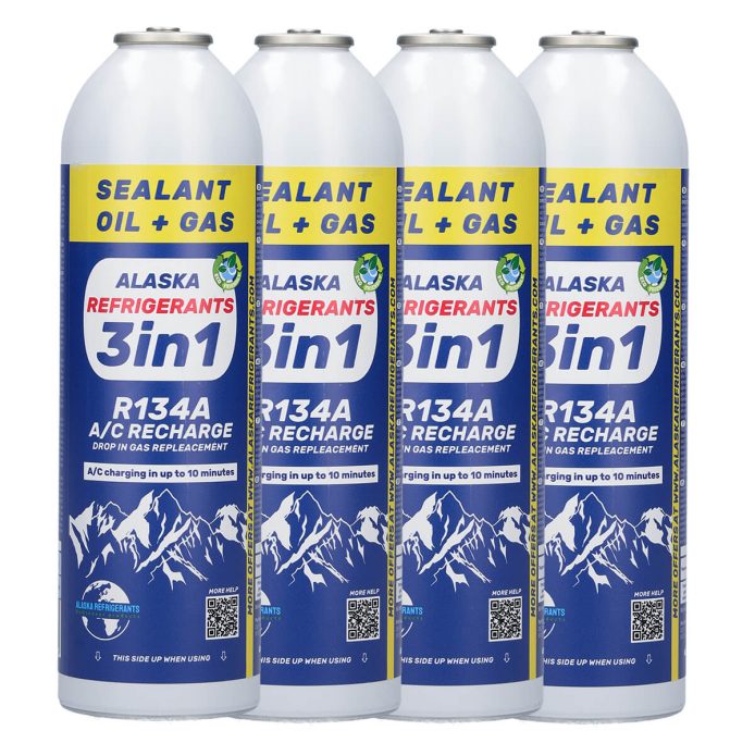 4 x 3în1 Agent frigorific de înlocuire Alaska Refrigerants R134a cu ulei PAG 100 și etanșant