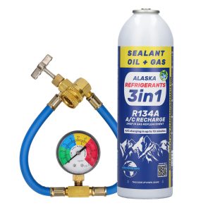 3în1 Agent frigorific de înlocuire Alaska Refrigerants R134a, ulei PAG 100, etanșant + furtun și manometru
