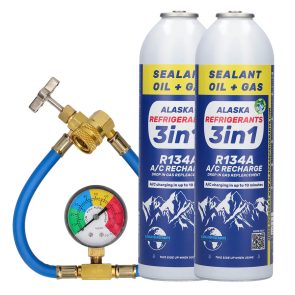 Kit dublu – 3în1 Agent frigorific de înlocuire Alaska Refrigerants R134a cu ulei PAG 100 și etanșant + furtun și manometru