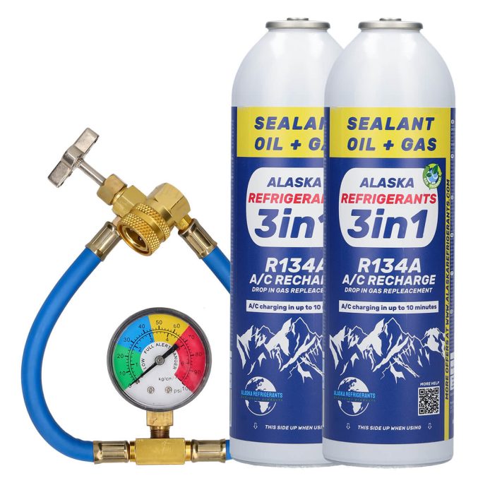 Kit dublu – 3în1 Agent frigorific de înlocuire Alaska Refrigerants R134a cu ulei PAG 100 și etanșant + furtun și manometru